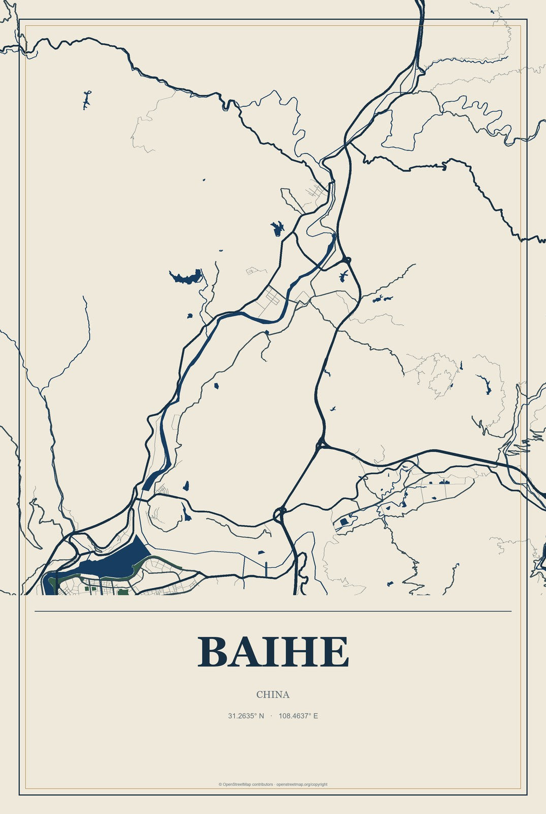 Baihe, Chongqing, China City Map Aluminum Sign in Coastal Cutout style