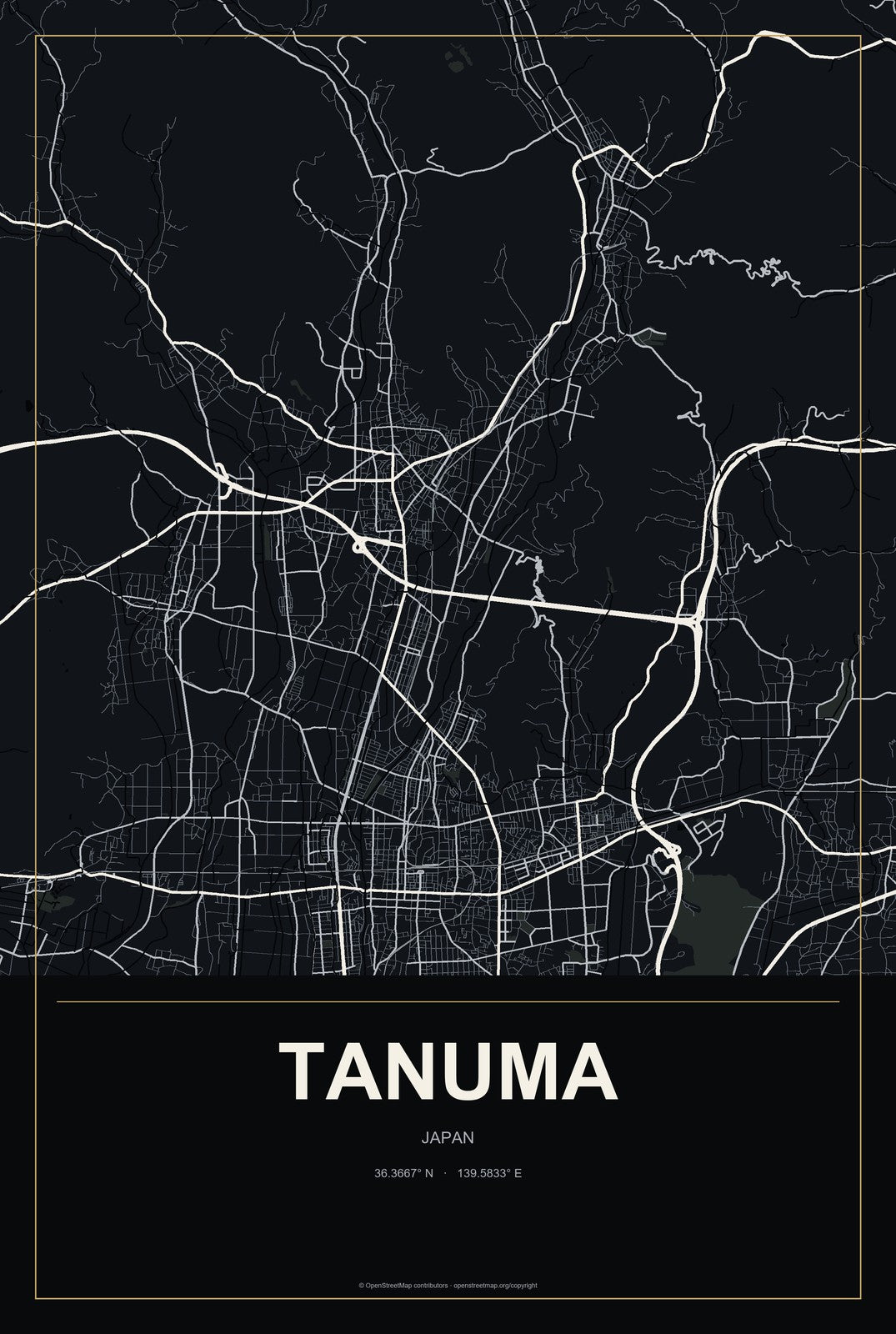 Tanuma, Japan City Map Aluminum Sign in Metropolitan Noir style