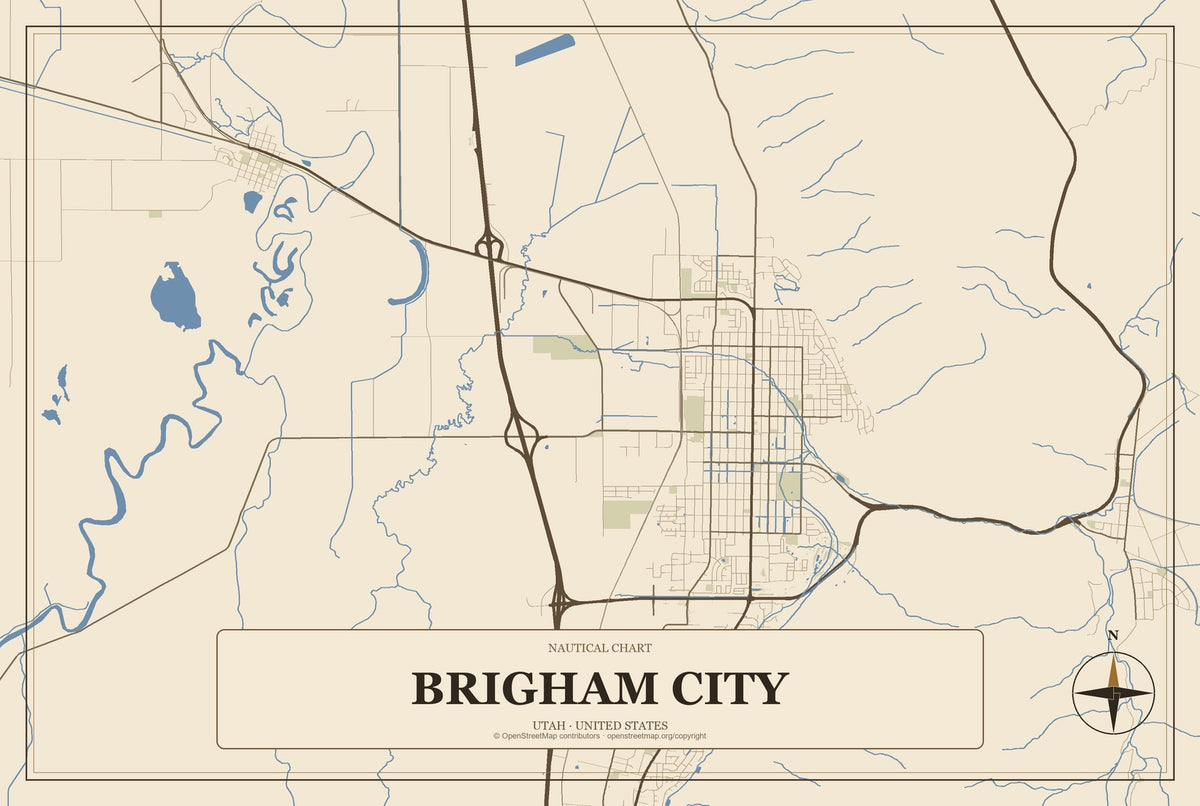 Brigham City, Utah City Map Aluminum Sign in Heritage Nautical style