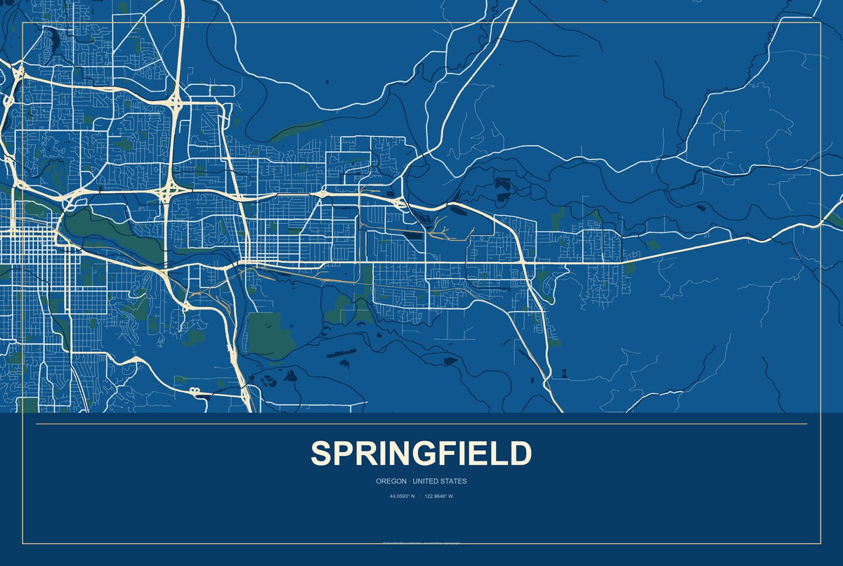 Springfield, Oregon City Map Aluminum Sign in Harbor Cobalt style