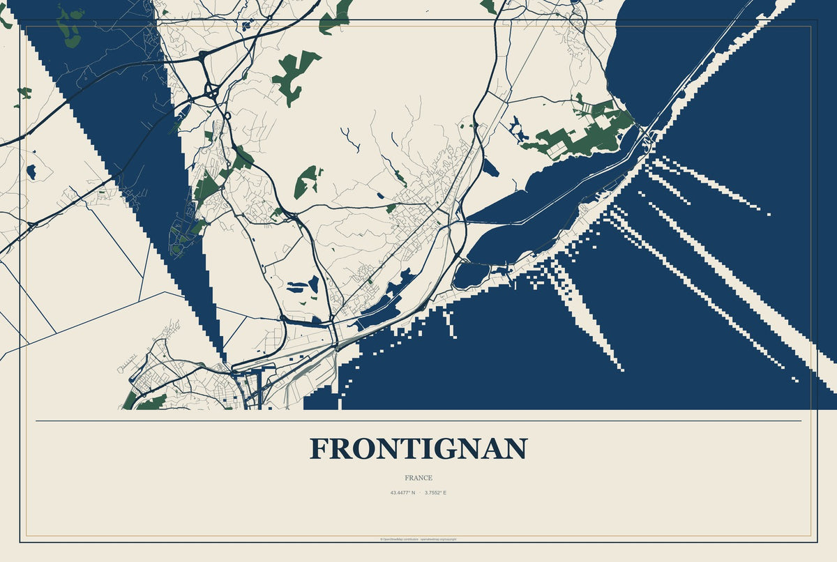 Frontignan, France City Map Aluminum Sign in Coastal Cutout style