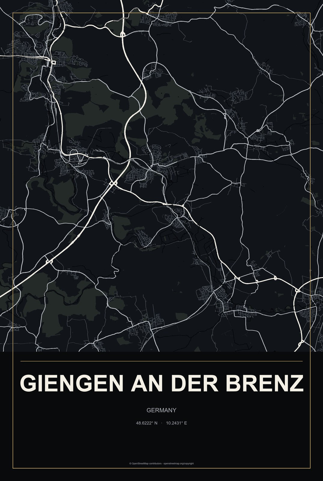 Giengen an der Brenz, Germany City Map Aluminum Sign in Metropolitan Noir style