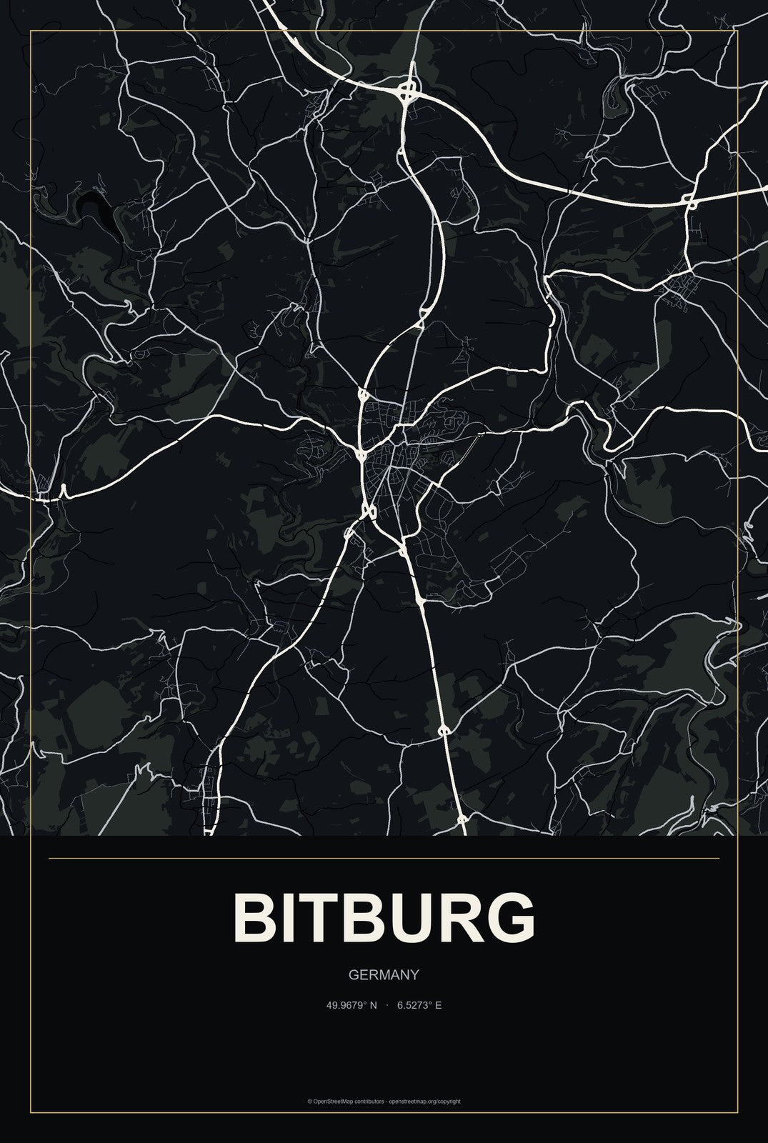 Bitburg, Germany City Map Aluminum Sign in Metropolitan Noir style