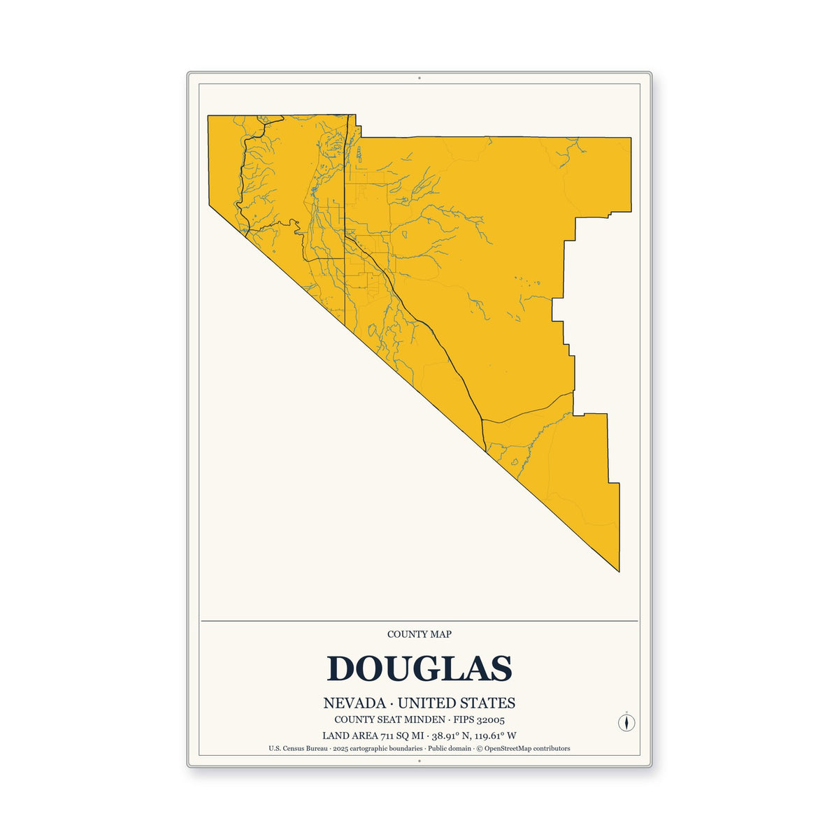Douglas County, Nevada Map Aluminum Sign in Citrine Modern style