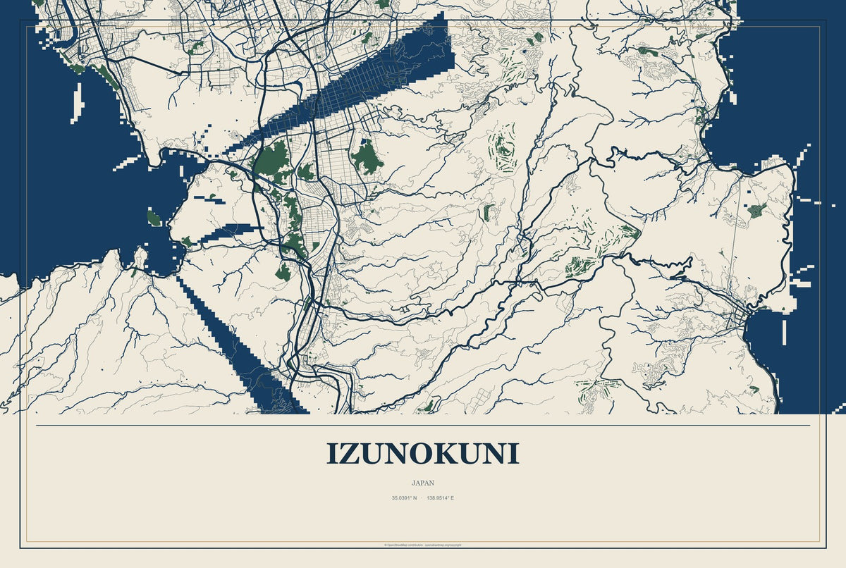 Izunokuni, Japan City Map Aluminum Sign in Coastal Cutout style