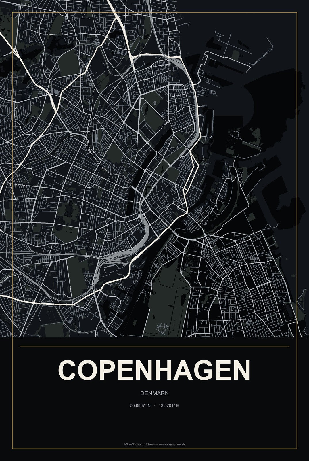 Copenhagen, Denmark City Map Aluminum Sign in Metropolitan Noir style
