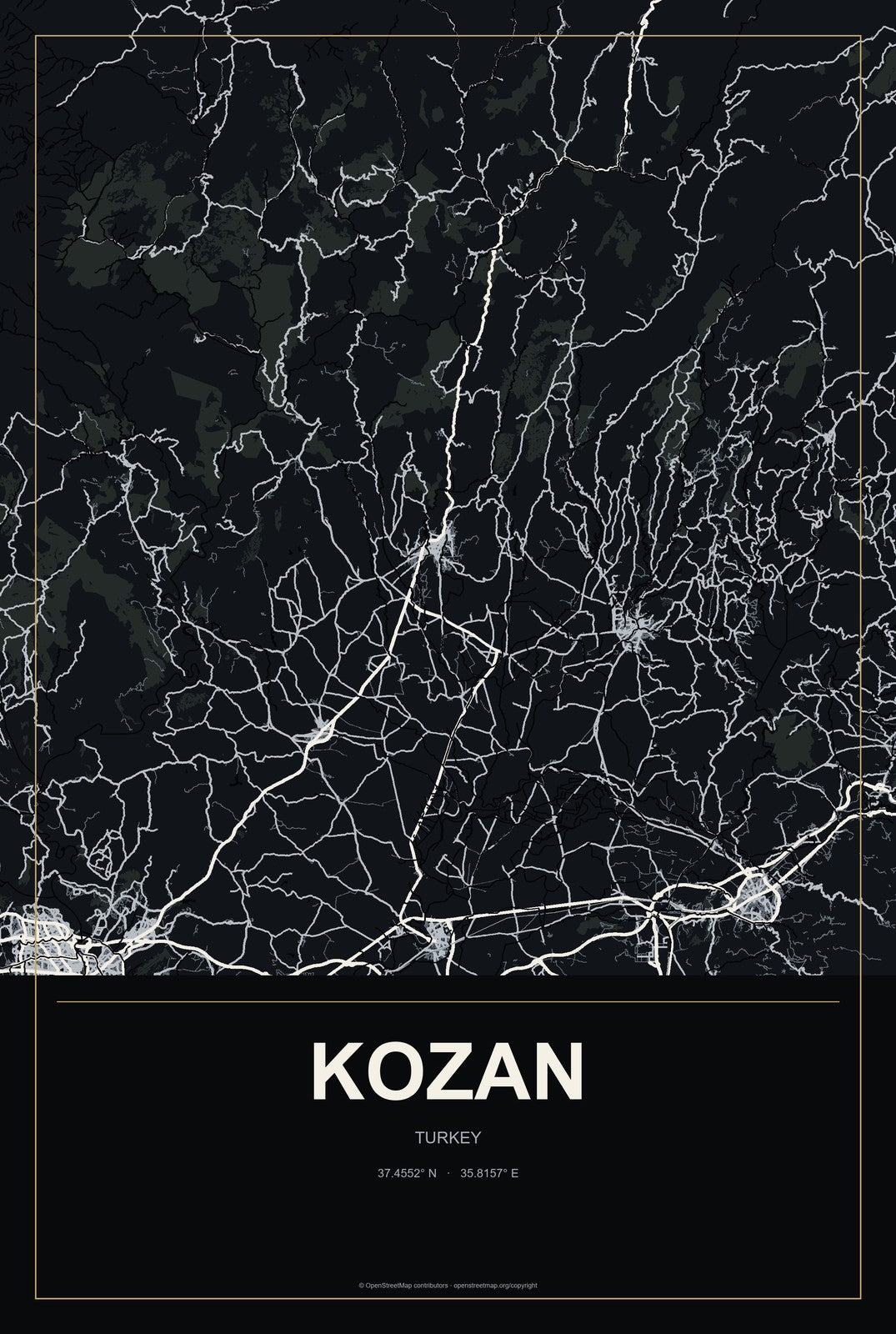 Kozan, Turkey City Map Aluminum Sign in Metropolitan Noir style