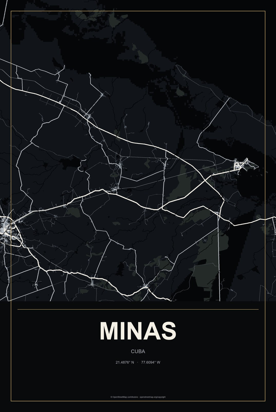 Minas, Cuba City Map Aluminum Sign in Metropolitan Noir style