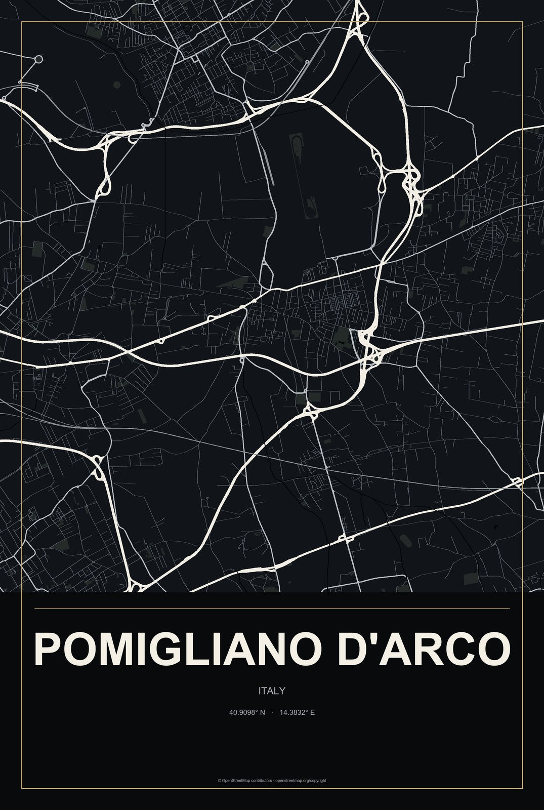 Pomigliano d'Arco, Italy City Map Aluminum Sign in Metropolitan Noir style