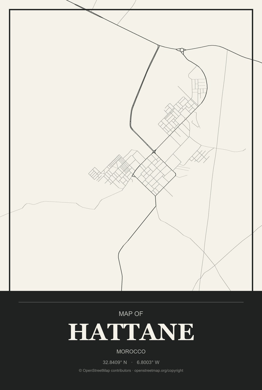 Hattane, Morocco City Map Aluminum Sign in Museum Plaque style