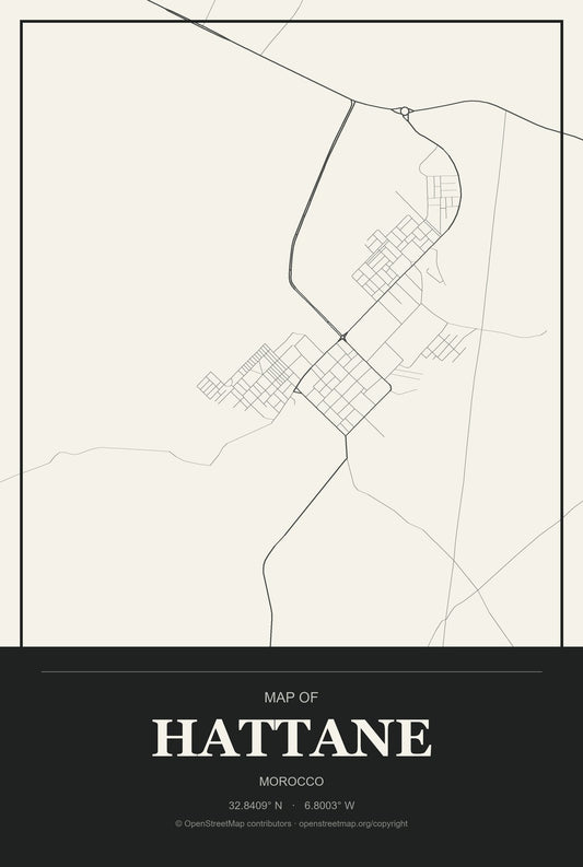 Hattane, Morocco City Map Aluminum Sign in Museum Plaque style