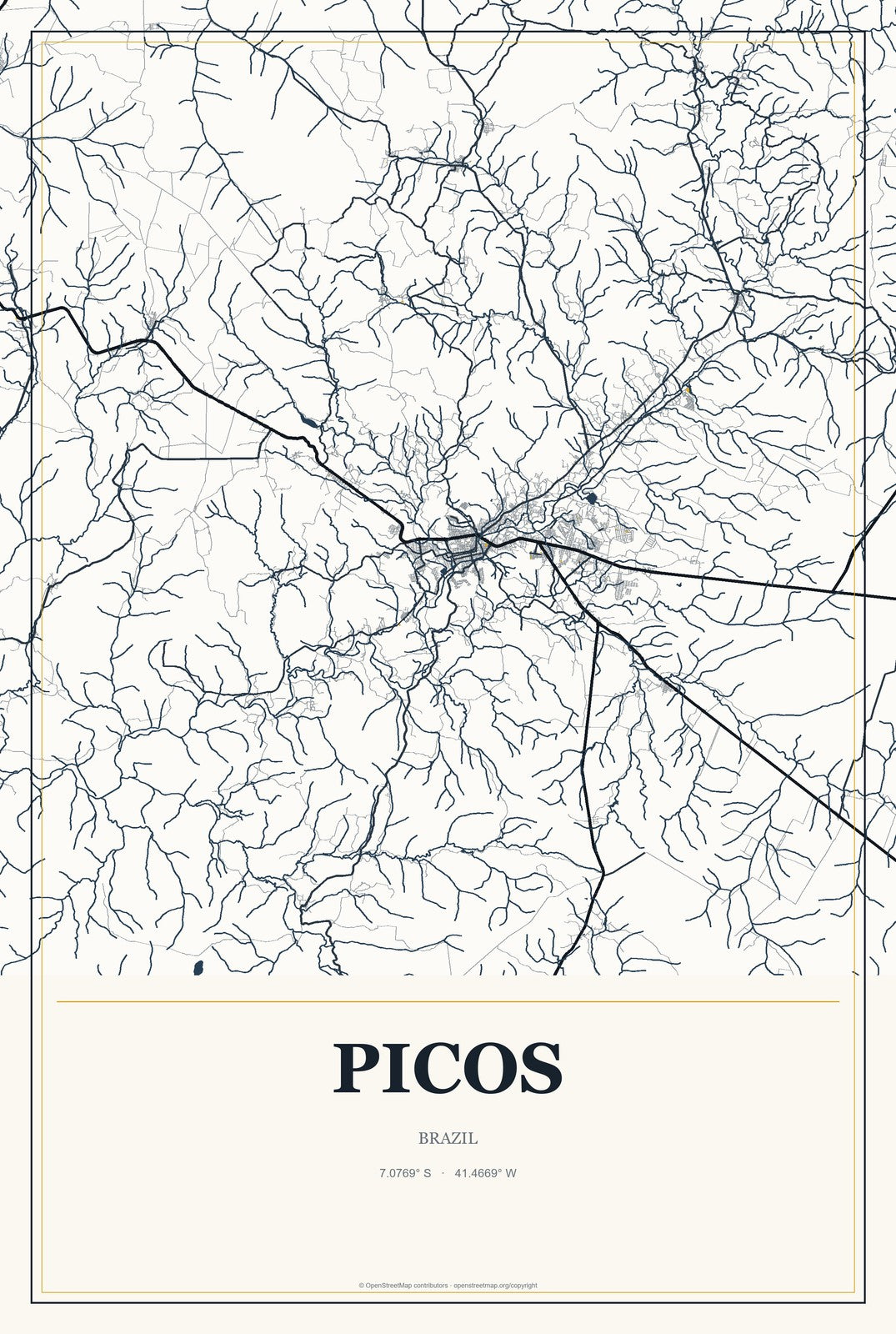 Picos, Brazil City Map Aluminum Sign in Citrine Modern style