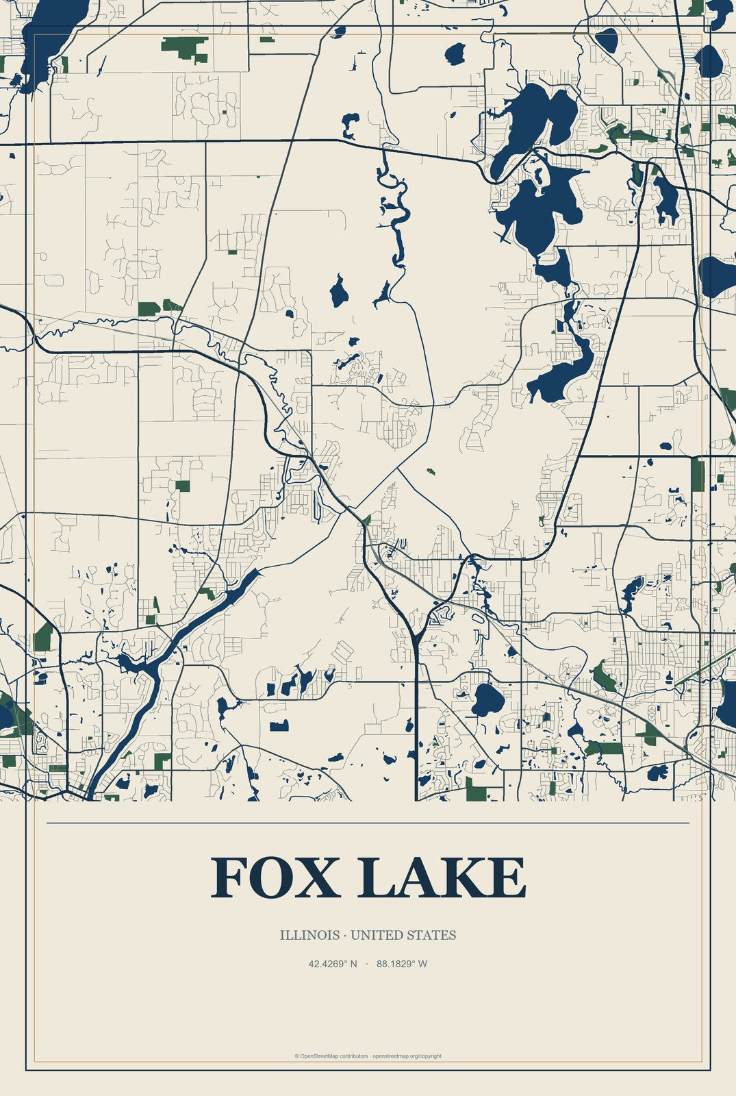 Fox Lake, Illinois City Map Aluminum Sign in Coastal Cutout style