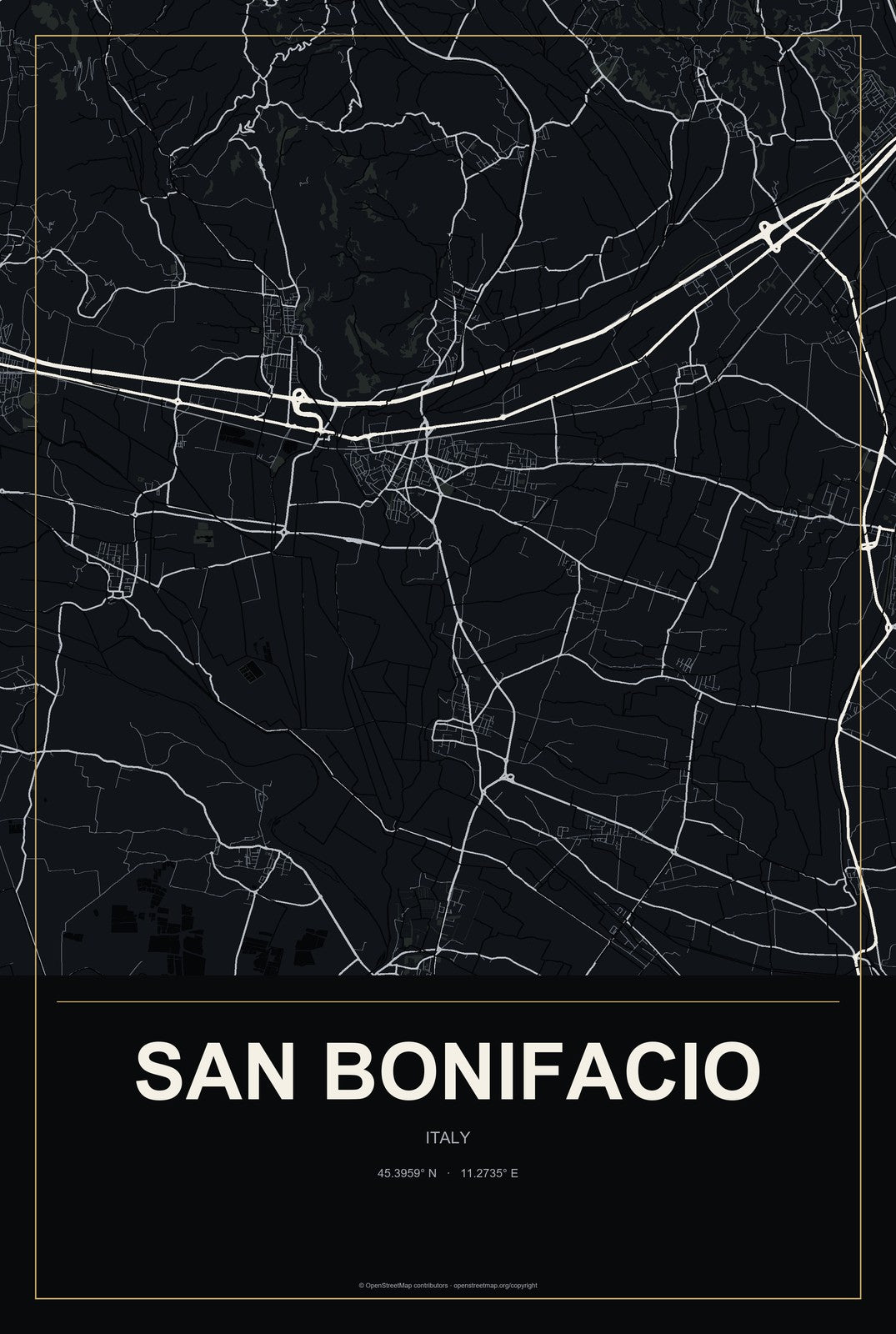San Bonifacio, Italy City Map Aluminum Sign in Metropolitan Noir style
