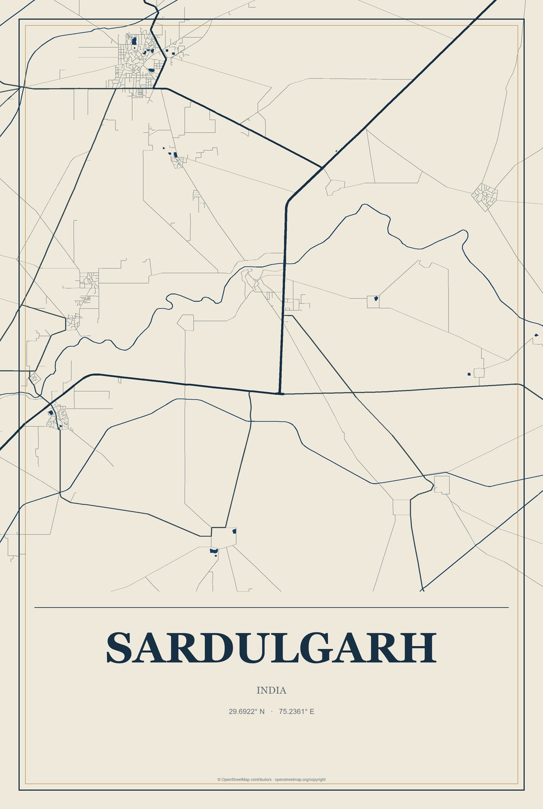 Sardulgarh, India City Map Aluminum Sign in Coastal Cutout style