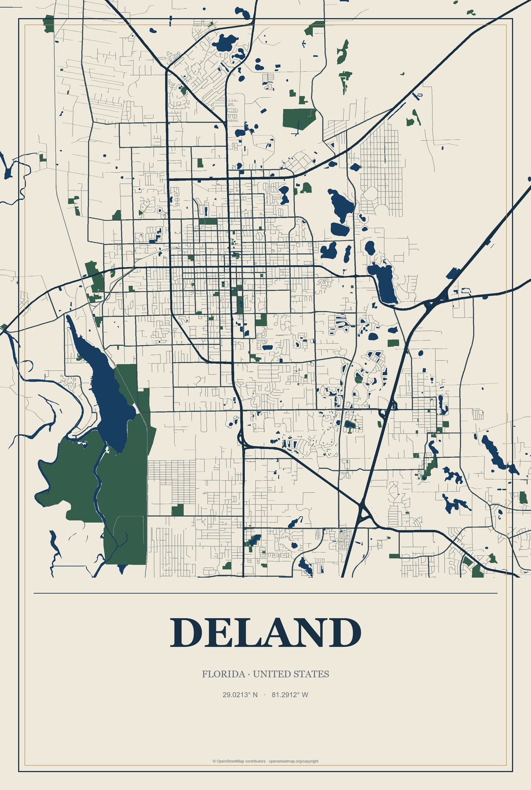 DeLand, Florida City Map Aluminum Sign in Coastal Cutout style