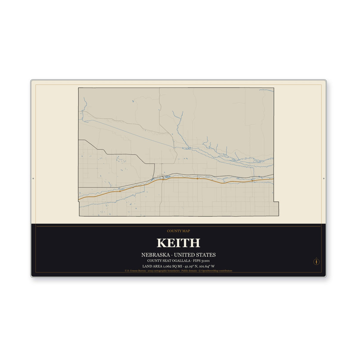 Keith County, Nebraska Map Aluminum Sign in Museum Plaque style