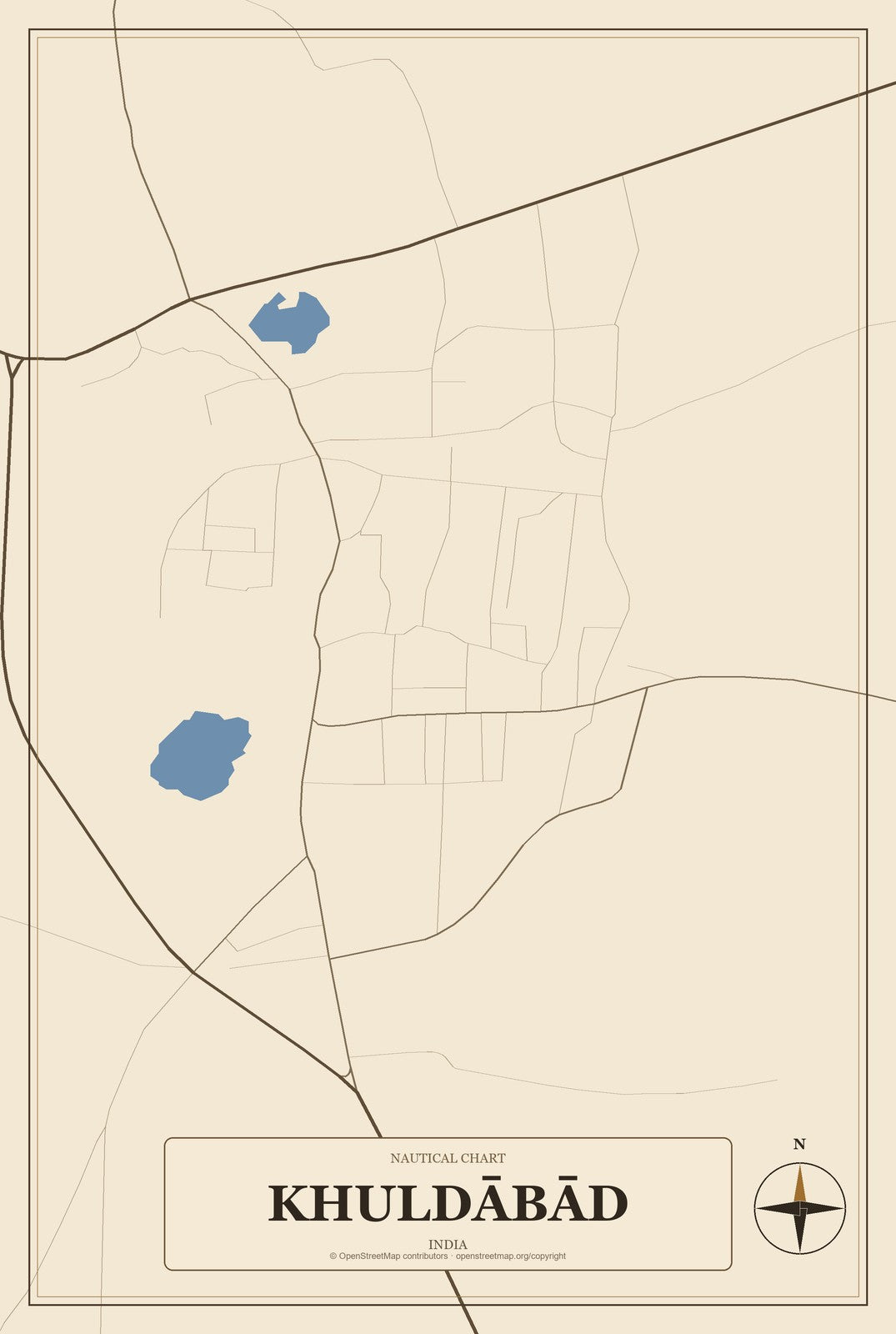 Khuldābād, India City Map Aluminum Sign in Heritage Nautical style