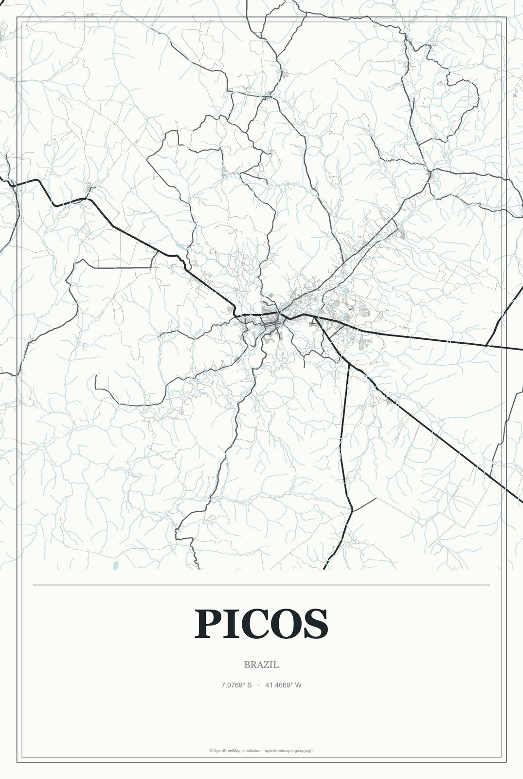 Picos, Brazil City Map Aluminum Sign in Gallery Air style