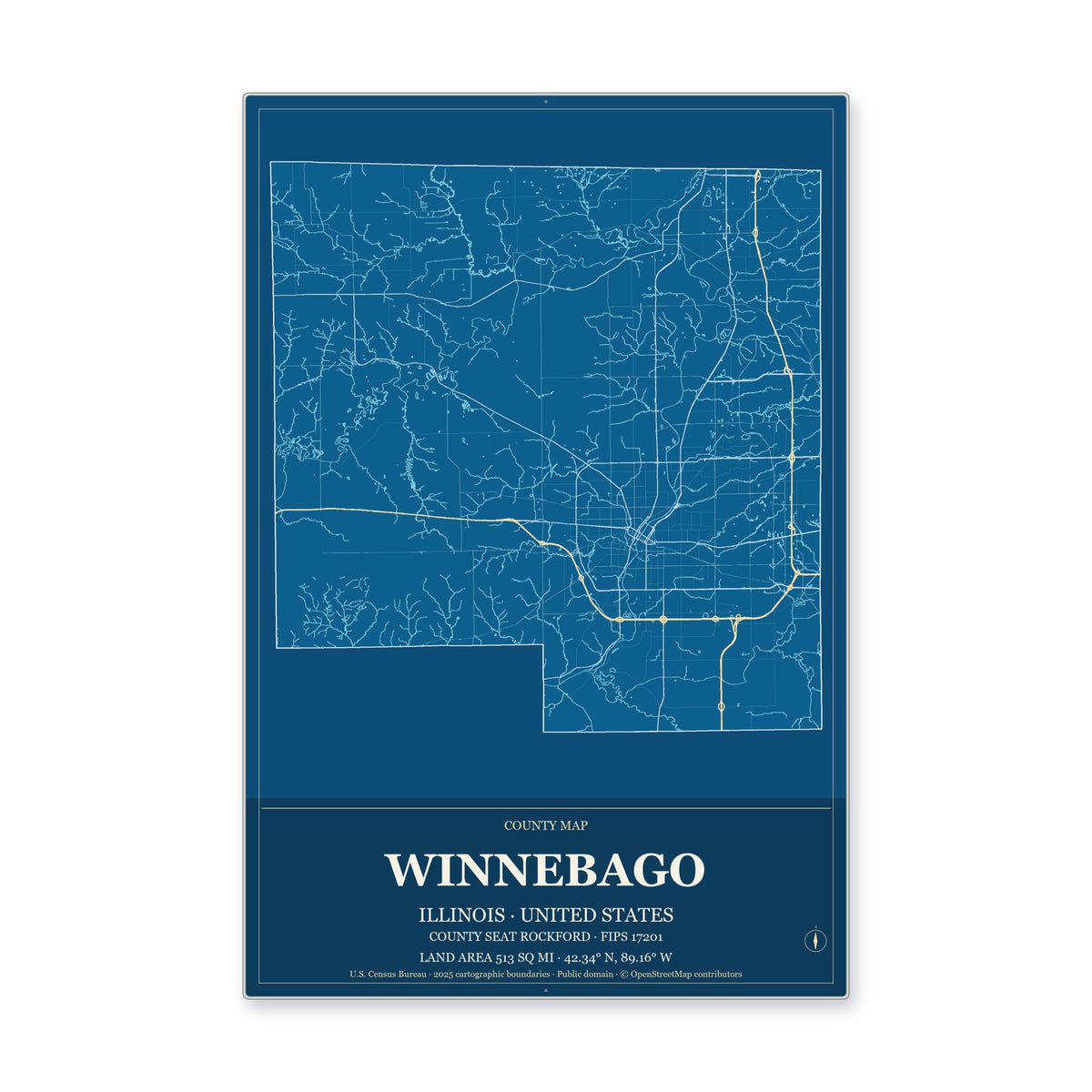 Winnebago County, Illinois Map Aluminum Sign in Harbor Cobalt style