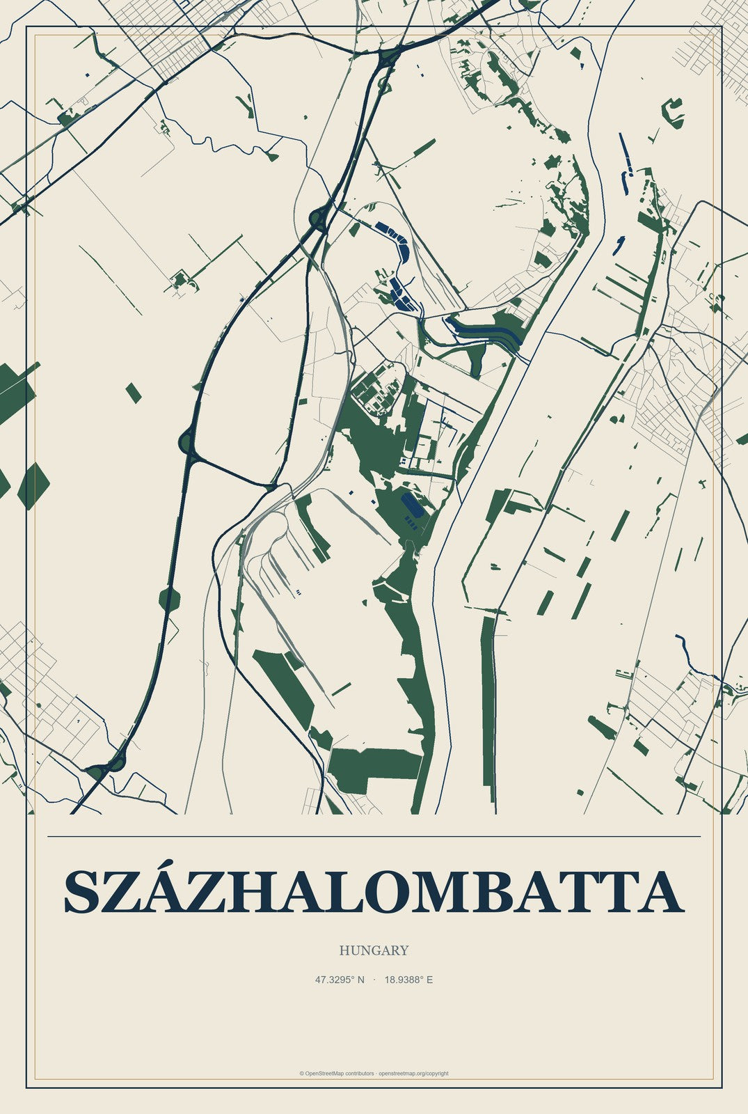 Százhalombatta, Hungary City Map Aluminum Sign in Coastal Cutout style