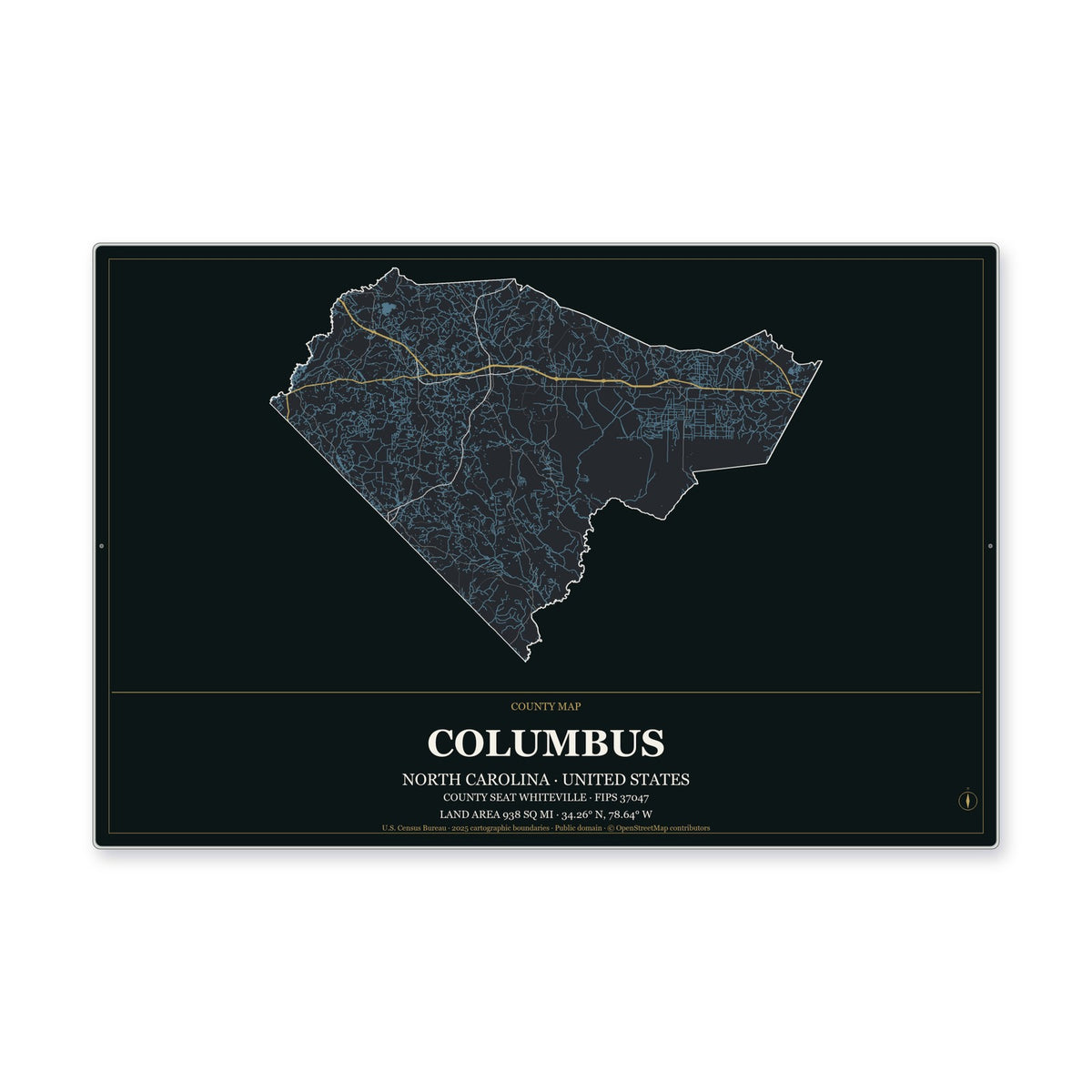 Columbus County, North Carolina Map Aluminum Sign in Metropolitan Noir style