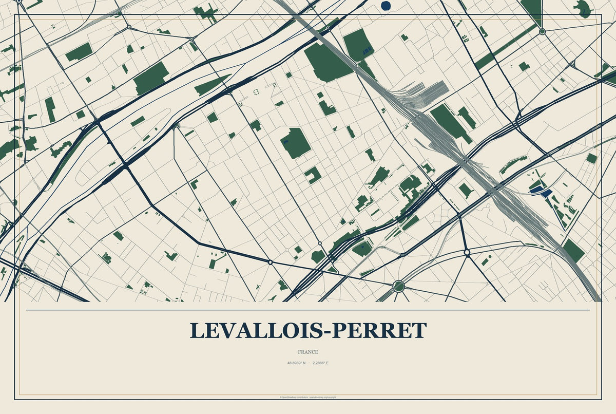 Levallois-Perret, France City Map Aluminum Sign in Coastal Cutout style