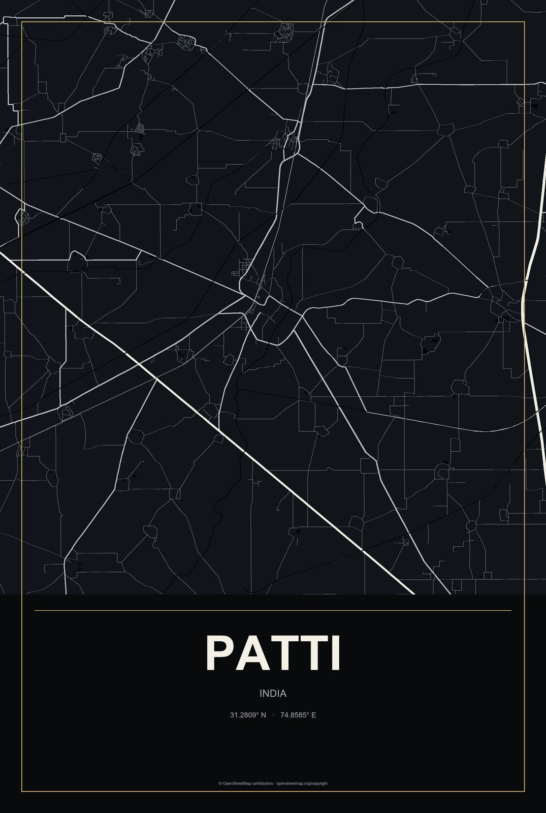 Patti, India City Map Aluminum Sign in Metropolitan Noir style
