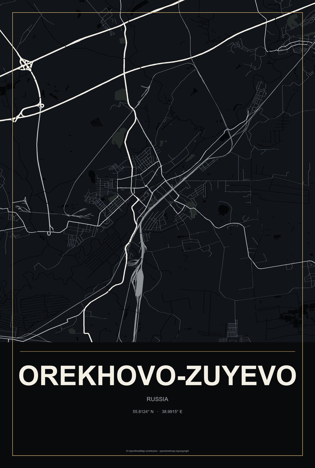 Orekhovo-Zuyevo, Russia City Map Aluminum Sign in Metropolitan Noir style
