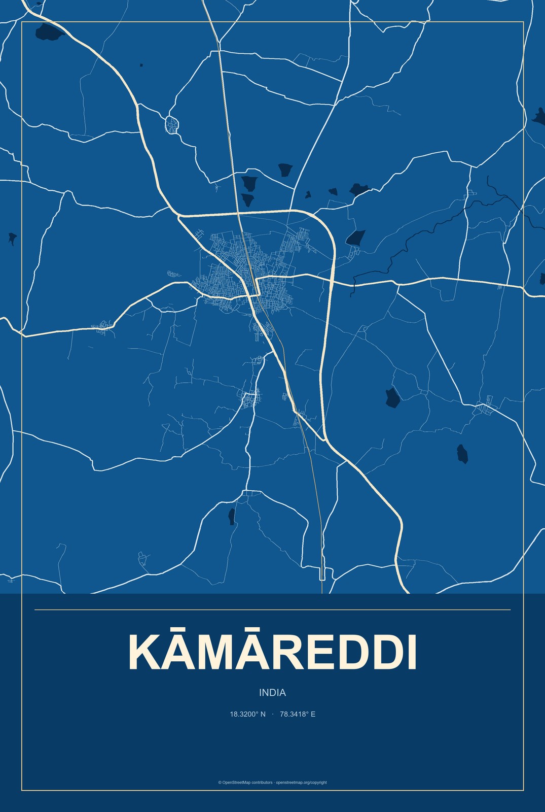 Kāmāreddi, India City Map Aluminum Sign in Harbor Cobalt style