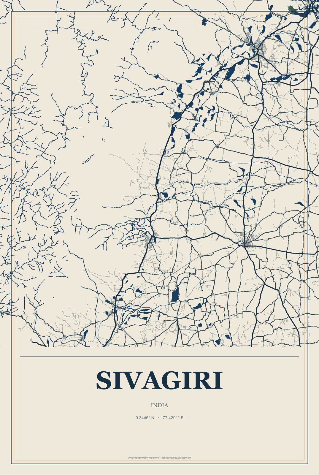 Sivagiri, India City Map Aluminum Sign in Coastal Cutout style