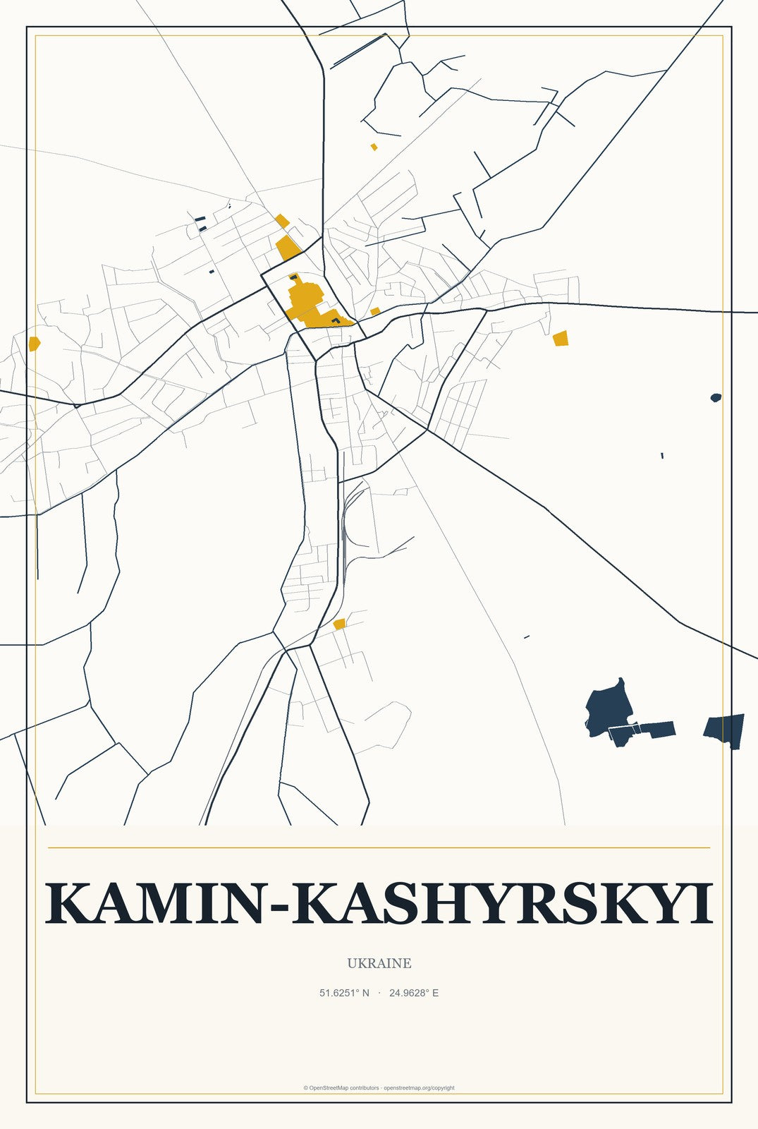 Kamin-Kashyrskyi, Ukraine City Map Aluminum Sign in Citrine Modern style