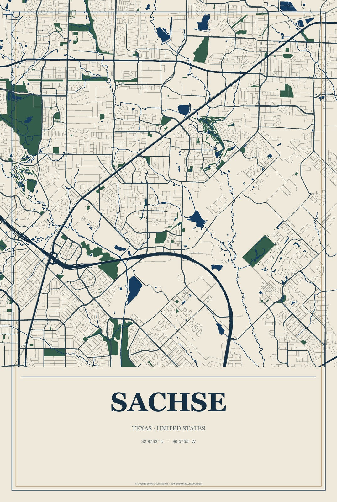 Sachse, Texas City Map Aluminum Sign in Coastal Cutout style