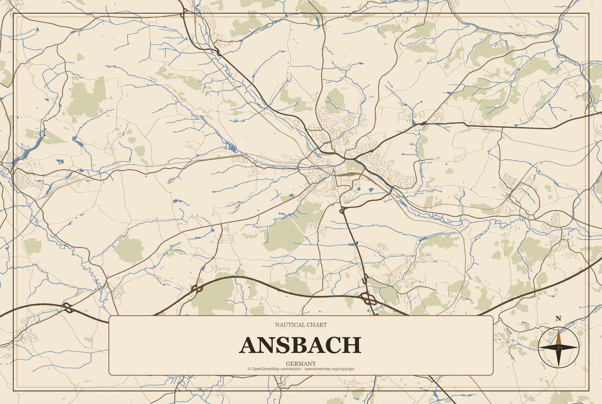 Ansbach, Germany City Map Aluminum Sign in Heritage Nautical style