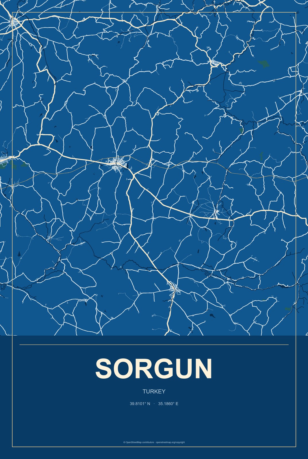 Sorgun, Turkey City Map Aluminum Sign in Harbor Cobalt style