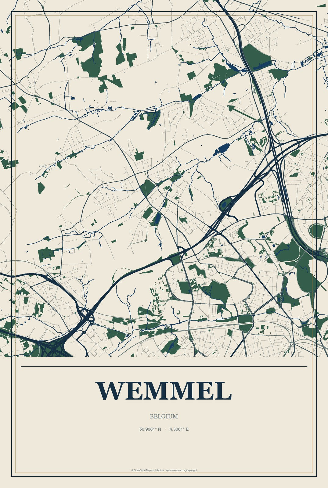 Wemmel, Belgium City Map Aluminum Sign in Coastal Cutout style