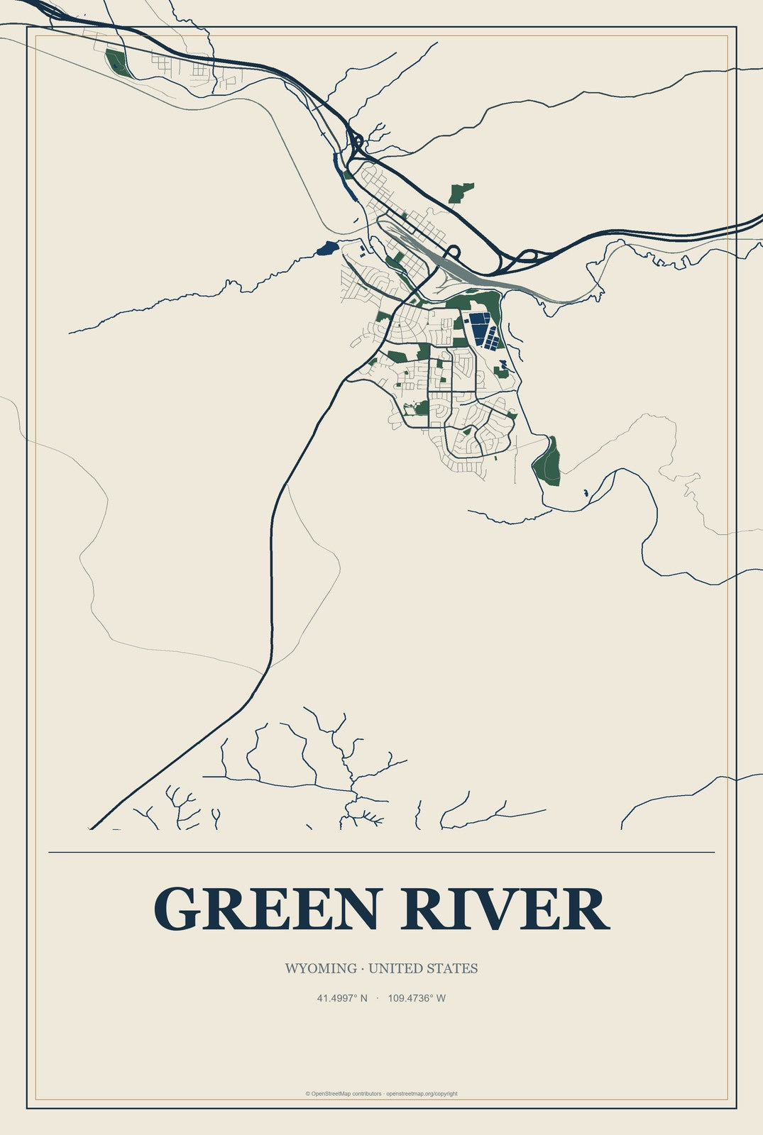 Green River, Wyoming City Map Aluminum Sign in Coastal Cutout style