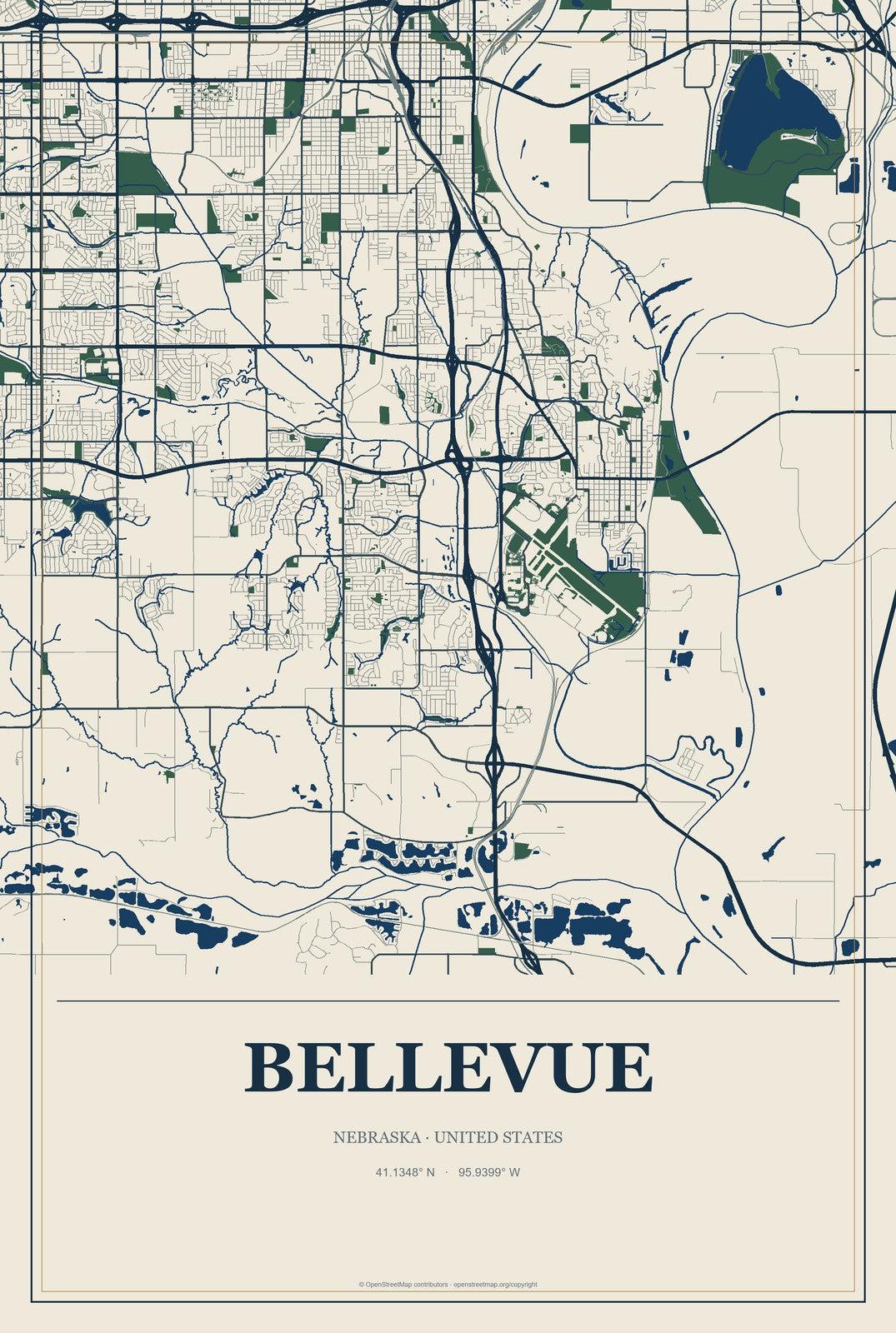 Bellevue, Nebraska City Map Aluminum Sign in Coastal Cutout style