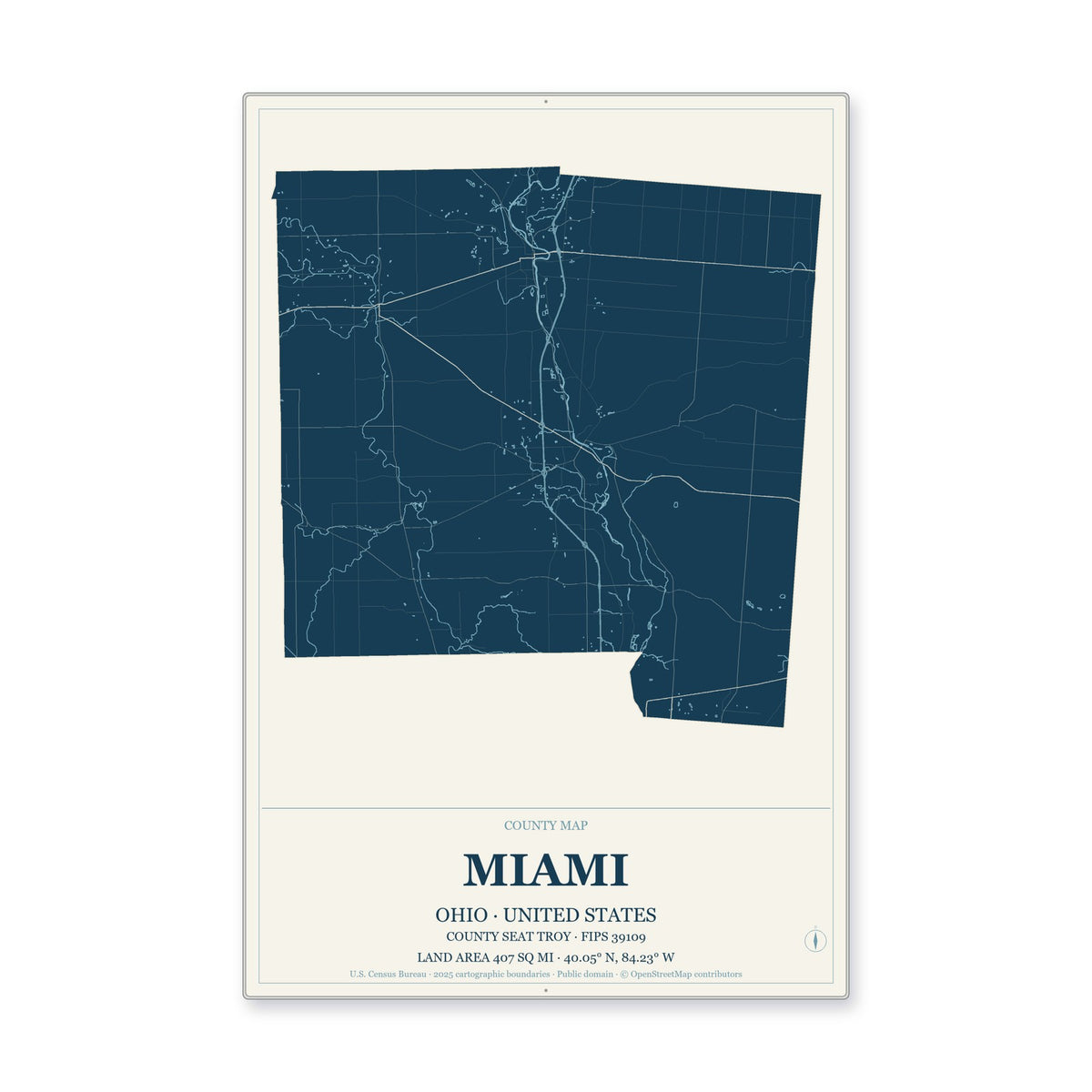 Miami County, Ohio Map Aluminum Sign in Coastal Cutout style