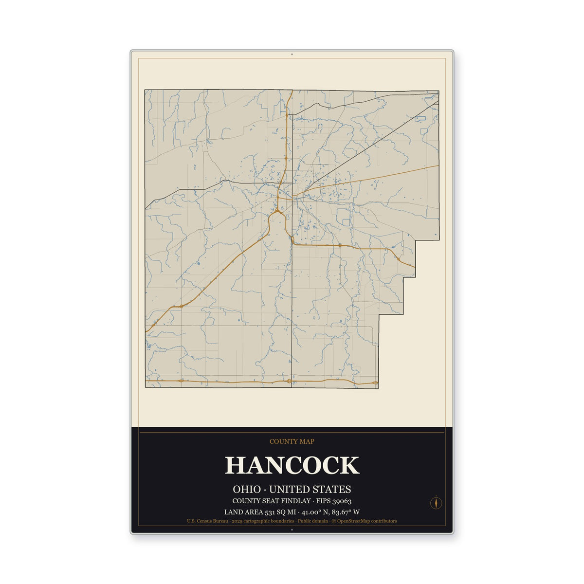 Hancock County, Ohio Map Aluminum Sign in Museum Plaque style