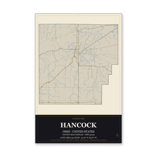 Hancock County, Ohio Map Aluminum Sign in Museum Plaque style