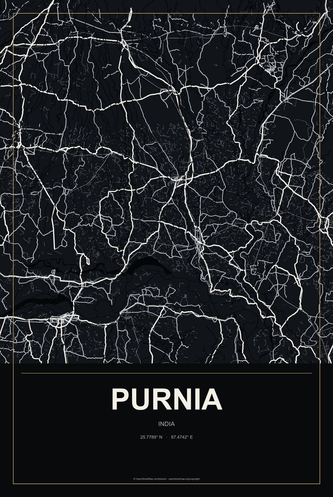 Purnia, India City Map Aluminum Sign in Metropolitan Noir style