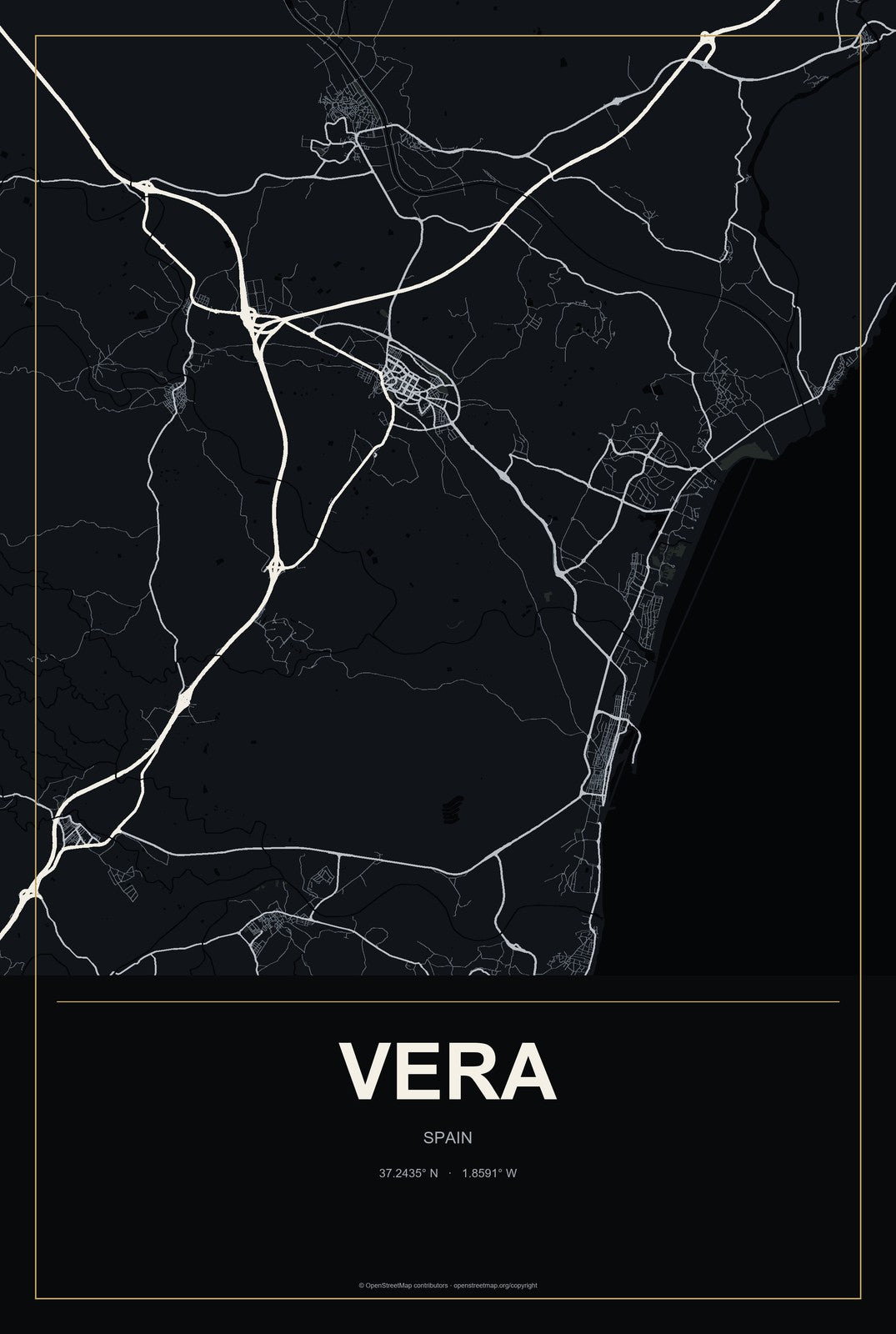 Vera, Spain City Map Aluminum Sign in Metropolitan Noir style