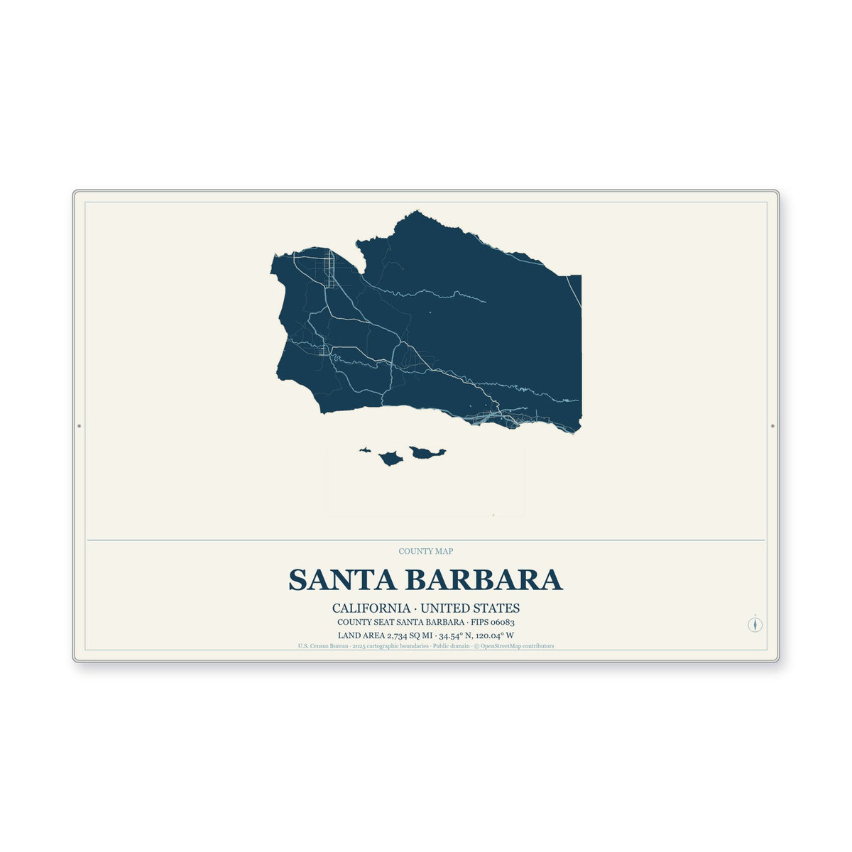 Santa Barbara County, California Map Aluminum Sign in Coastal Cutout style