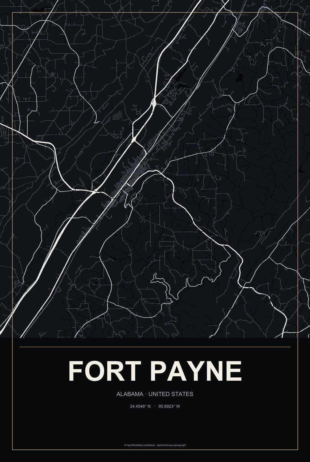 Fort Payne, Alabama City Map Aluminum Sign in Metropolitan Noir style