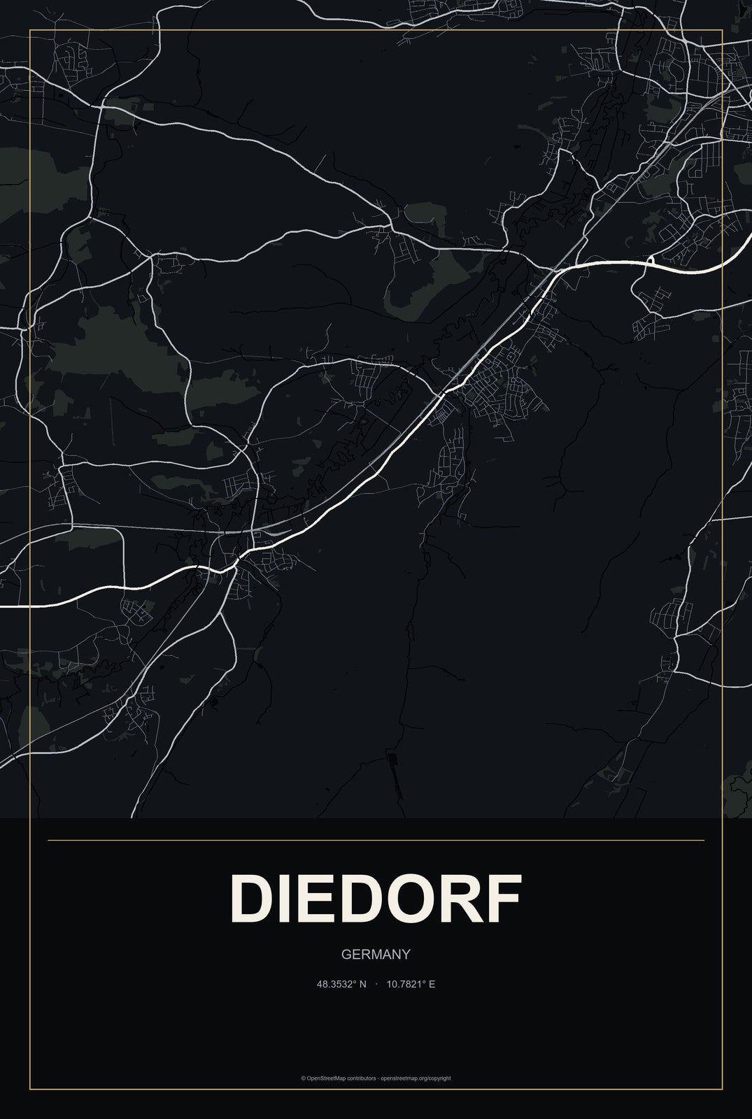 Diedorf, Germany City Map Aluminum Sign in Metropolitan Noir style