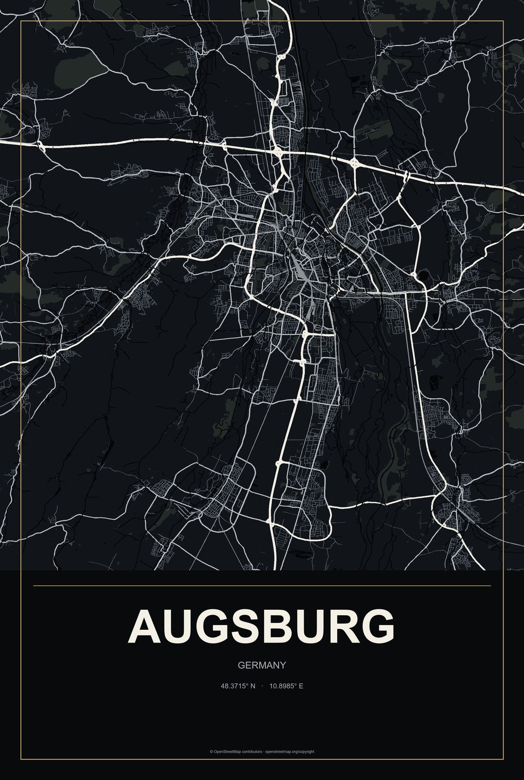 Augsburg, Germany City Map Aluminum Sign in Metropolitan Noir style