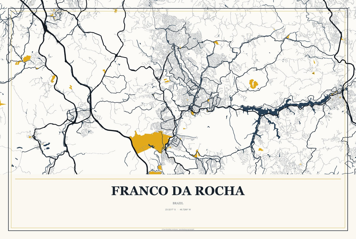 Franco da Rocha, Brazil City Map Aluminum Sign in Citrine Modern style