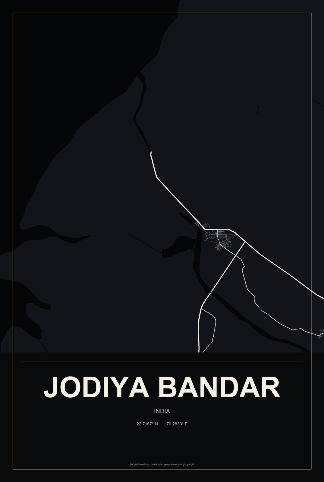 Jodiya Bandar, India City Map Aluminum Sign in Metropolitan Noir style
