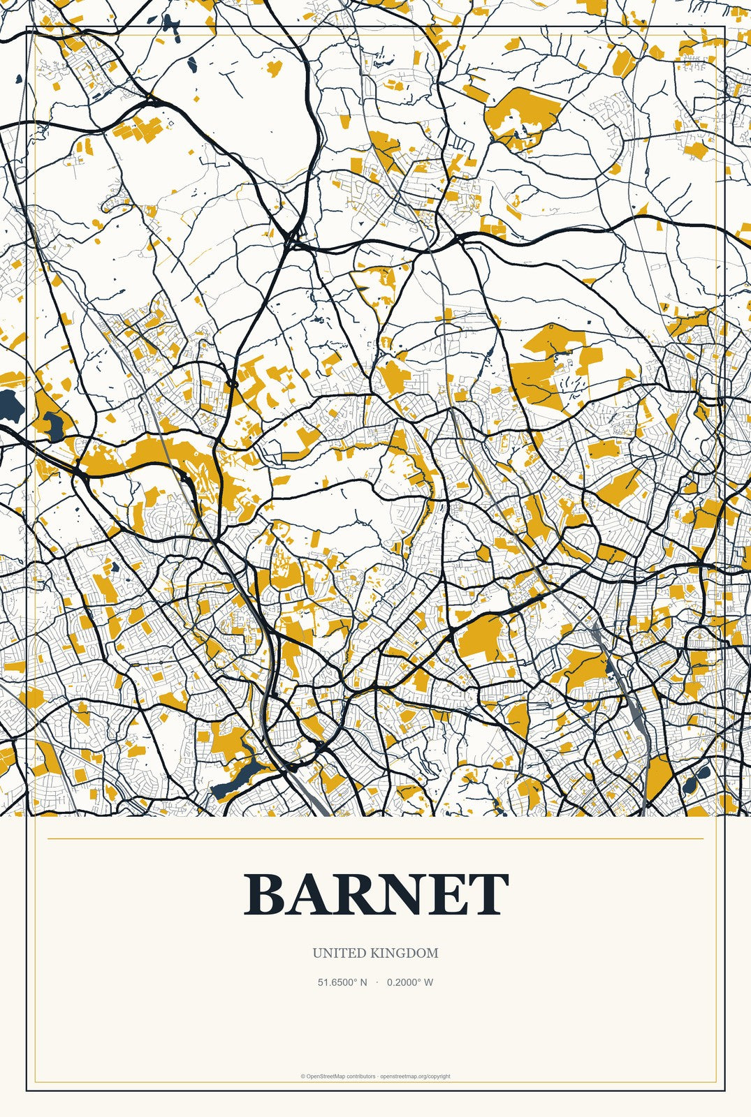 Barnet, United Kingdom City Map Aluminum Sign in Citrine Modern style